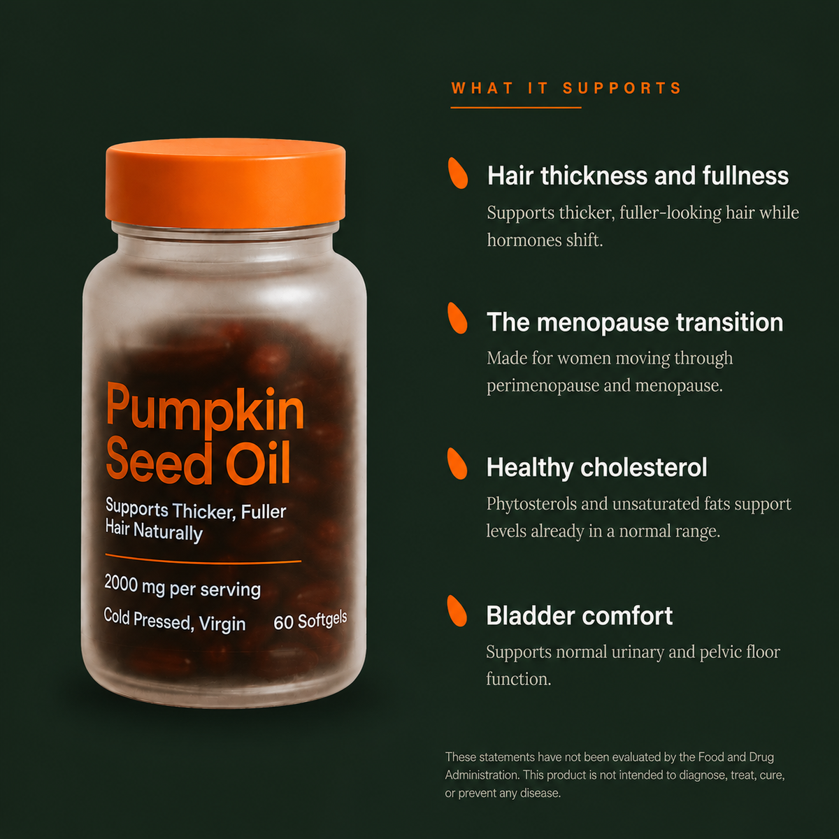 Cold pressed pumpkin seed oil capsules for hair, skin and daily wellness