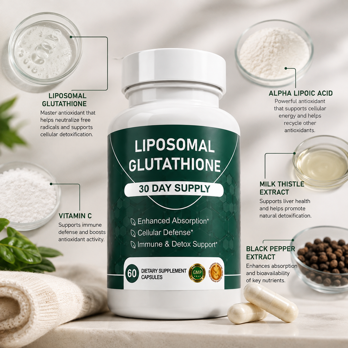 Liposomal glutathione bottle, take between meals