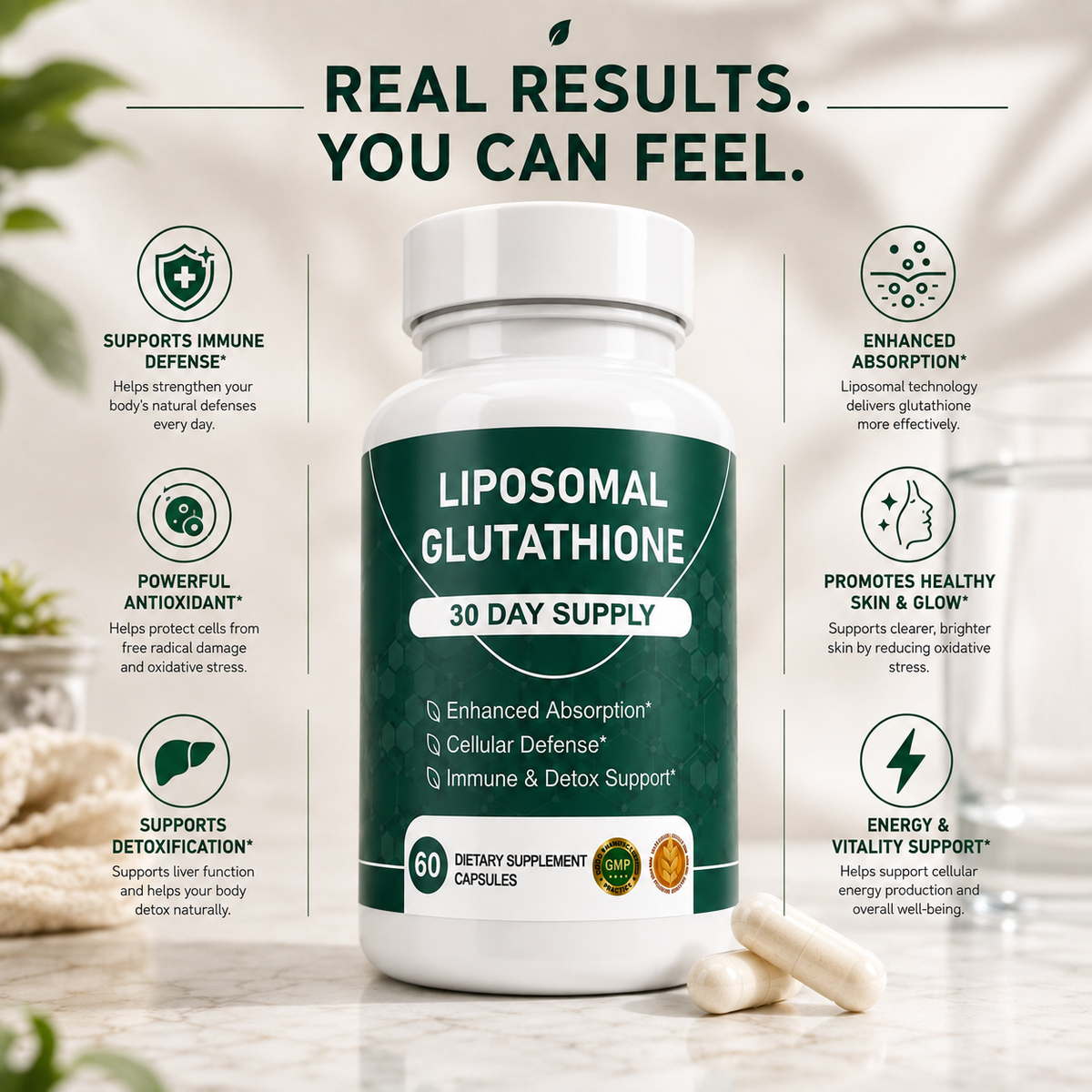 Glutathione supplement using liposomal encapsulation for bioavailability