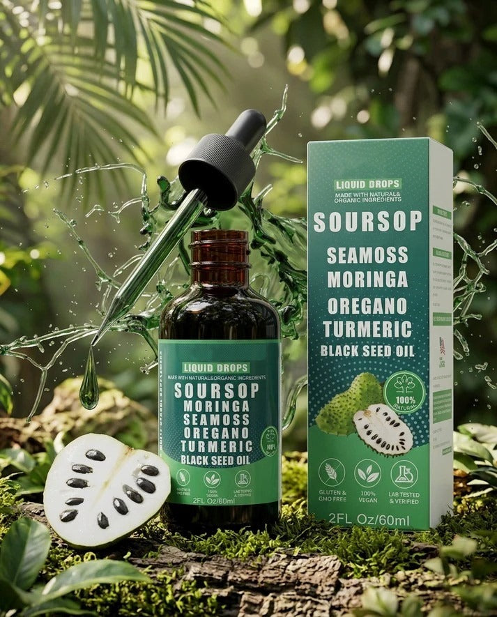 Soursop Liquid Drops & Gummies — 10-in-1 with Sea Moss, Moringa, Turmeric & Black Seed Oil [packaging may vary]
