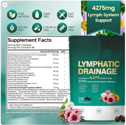 Lymphatic Drainage Support -21-in-1 Advanced Botanical Formula | 240 Softgels